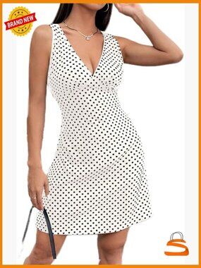 Polka Dot V Neck Mini Dress Sleeveless A Line Summer Casual